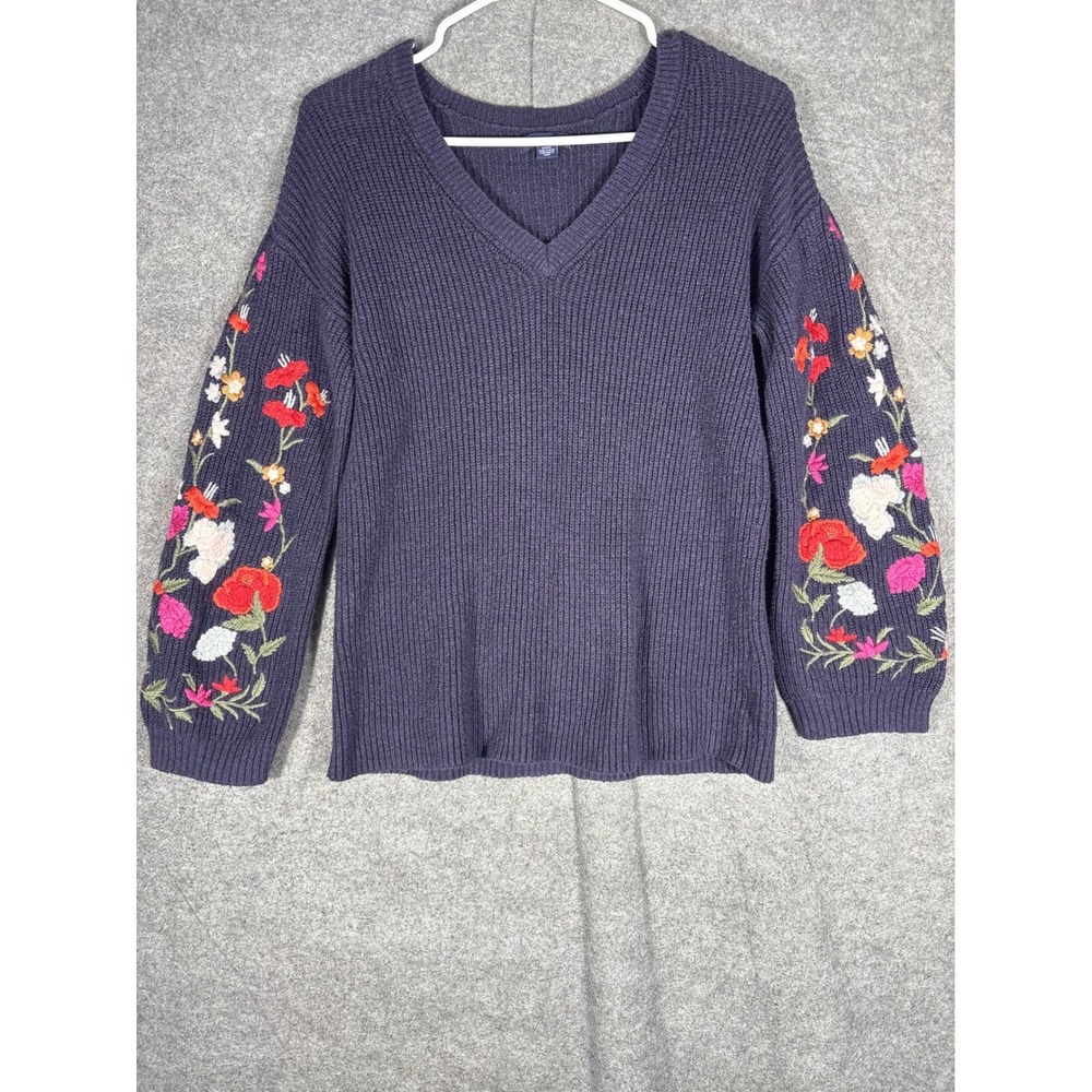 American Eagle Navy Blue Floral Embroidered V-Neck Ribbed Knit Sweater Womens S
